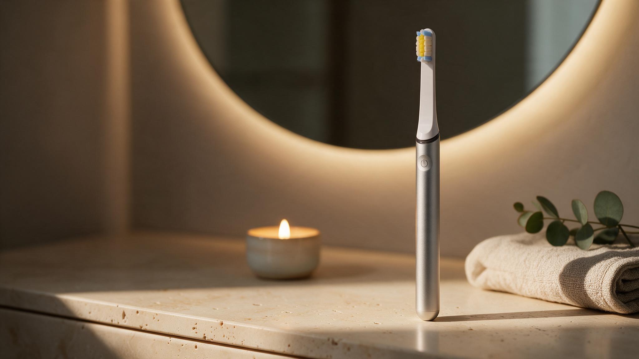 The Nora Elis sonic toothbrush on travertine beside a lit candle